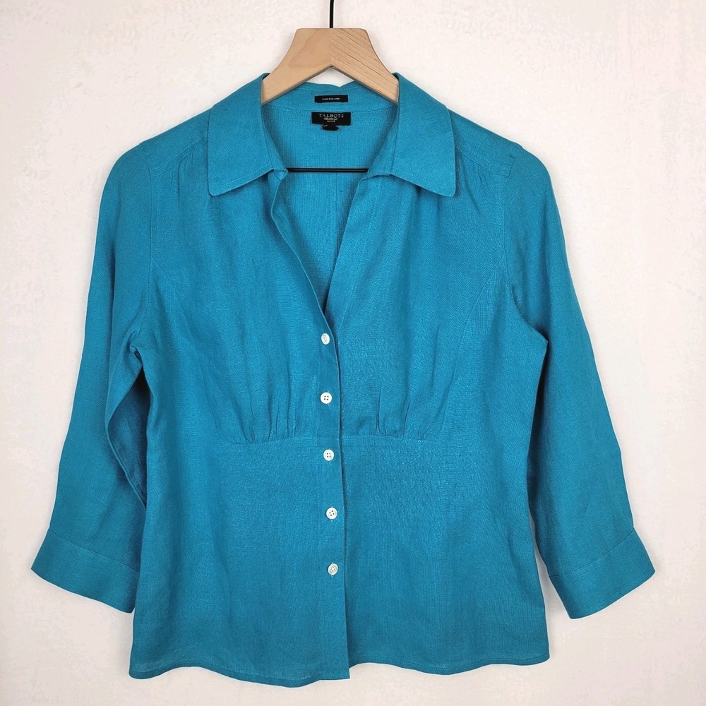 Talbots Irish Linen Button Front Blouse Women's Petite 8P Blue‎ Classic Coastal